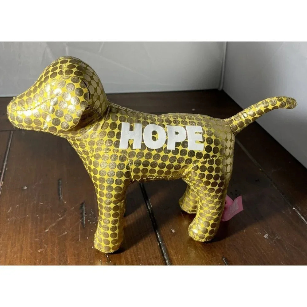 Victoria's‎ Secret PINK Plush Stuffed Toy Dog Gold Metallic Circle Dots HOPE 6”